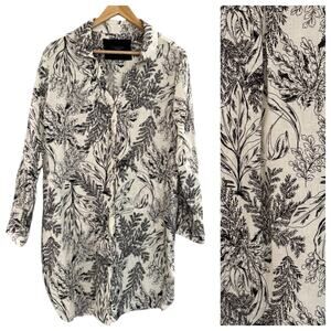 Tahari 100% Linen Collared Dress Black Ivory Tropical Print Toile New M Sustain